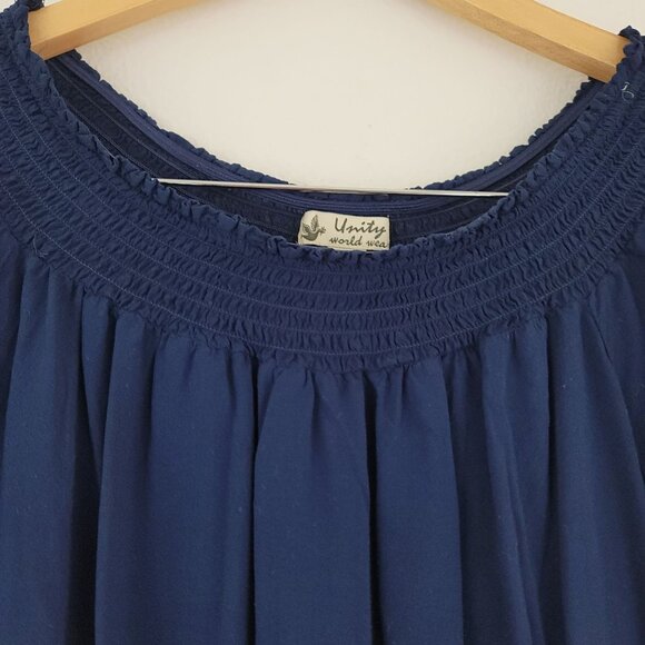 Unity World Wear Sz S Floral Navy Peasant Top Smocked 3/4 Sleeves Boho Blouse - Picture 4 of 11
